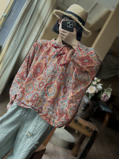 Women Summer Ethnic Print Ramie Loose Shirt CX059