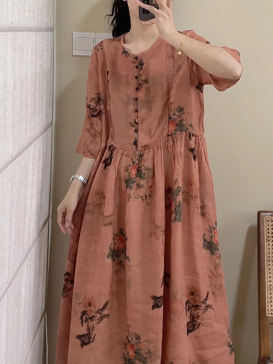 Robe d'été vintage à boutons floraux en ramie pour femmes CX061