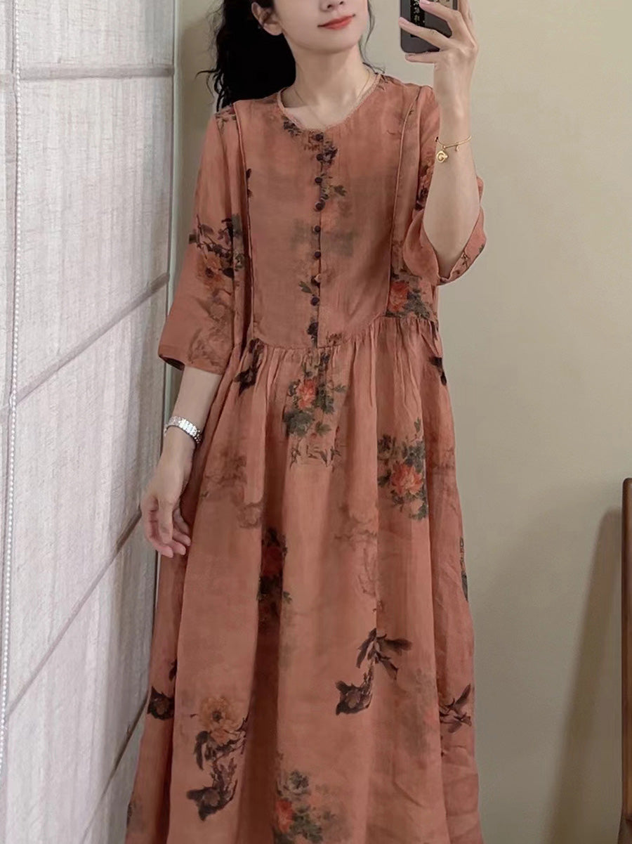 Robe d'été vintage à boutons floraux en ramie pour femmes CX061