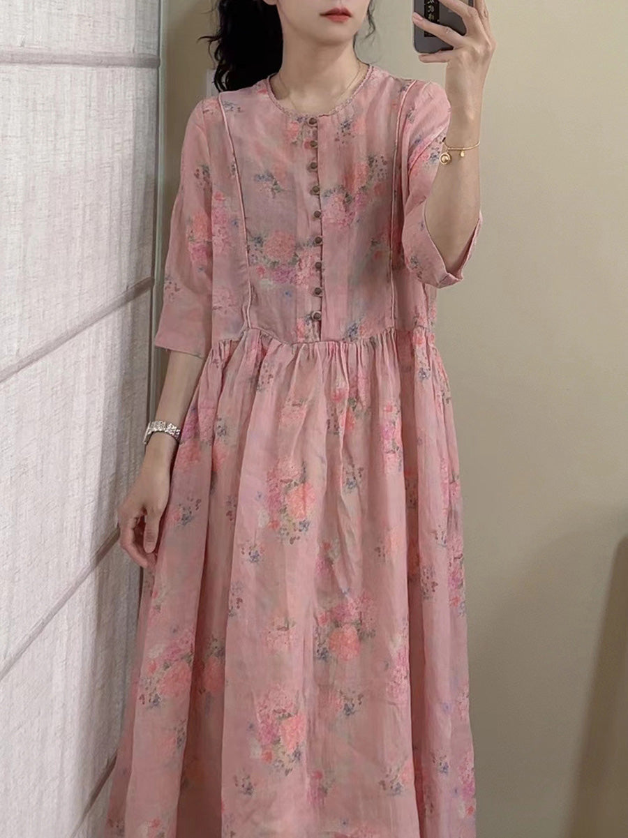 Robe d'été vintage à boutons floraux en ramie pour femmes CX061