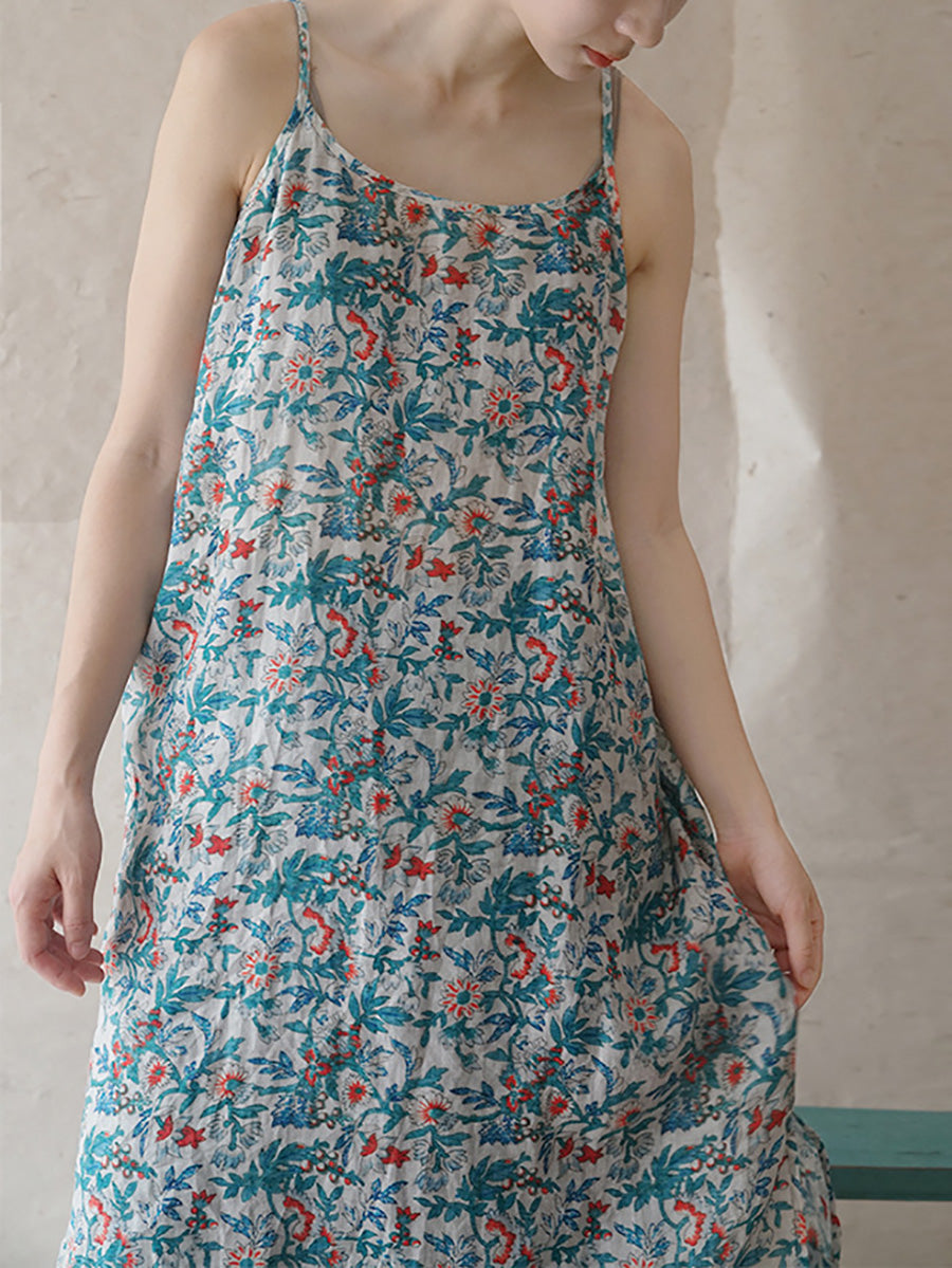 Women Summer Vintage Floral Ramie Vest Dress FD046