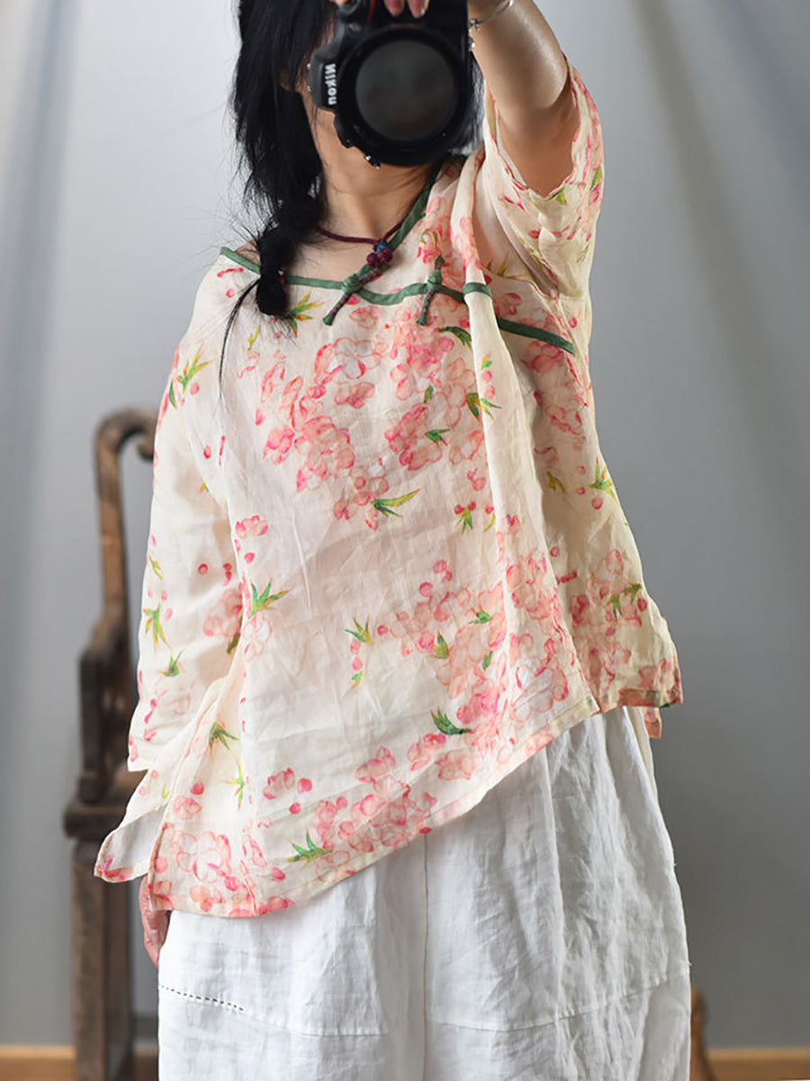 Women Summer Vintage Flower V-Neck Ramie Shirt FD041