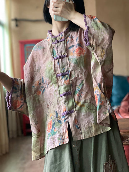 Women Summer Ethnic Flower Button Linen Shirt RR022