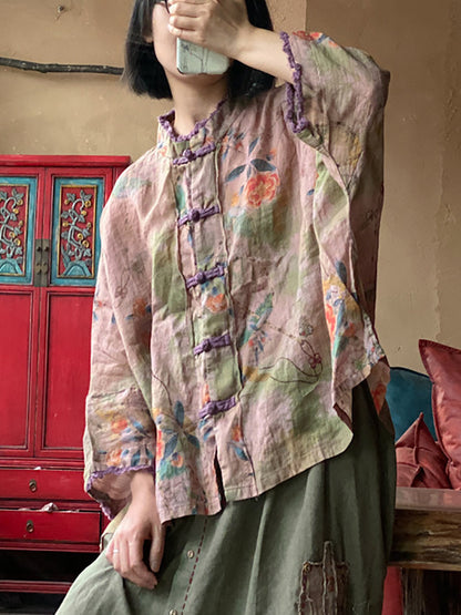 Women Summer Ethnic Flower Button Linen Shirt RR022