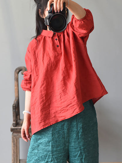 Women Summer Solid Turn-down Collar Loose Ramie Shirt RR010