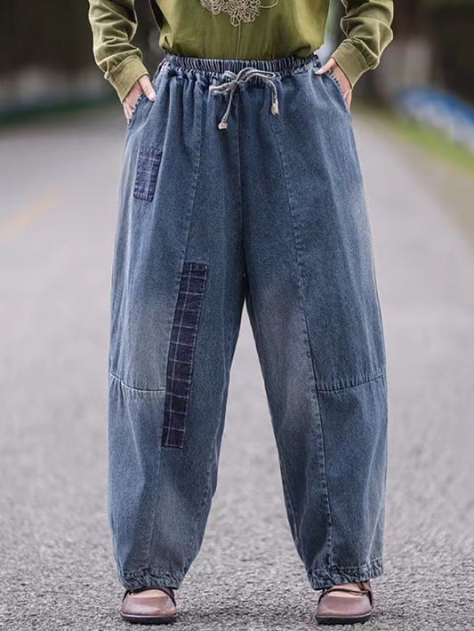 Women Autumn Retro Patch Denim Spliced Harem Pants AS1034