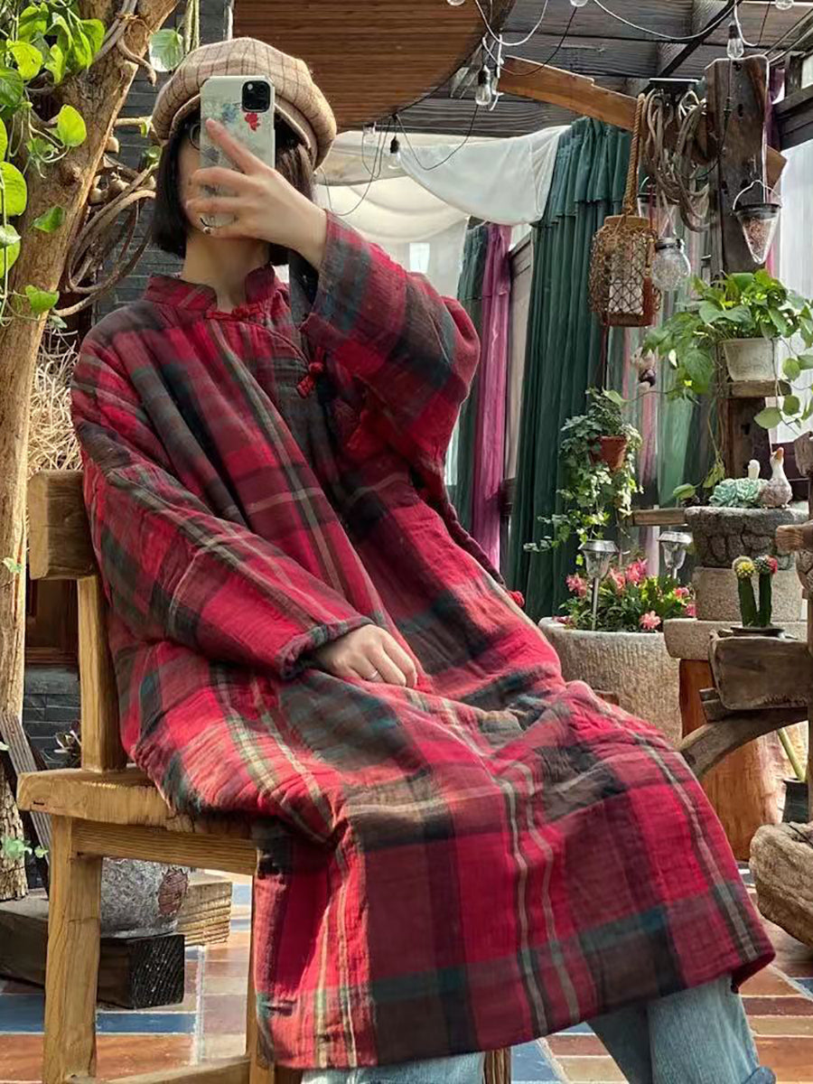 Women Vintage Plaid Winter Button Cotton Robe Coat AS1044