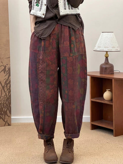 Women Autumn Retro Flower Spliced Cotton Harem Pants AS1033