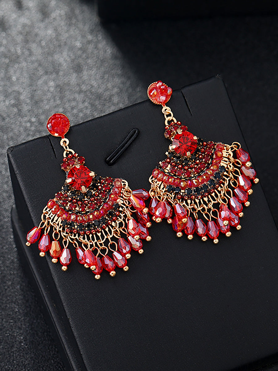 Women Vintage Crystal Tassel Fan Shape Earrings AS1028