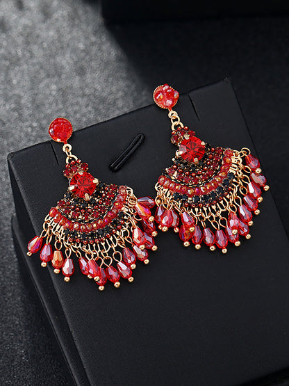 Women Vintage Crystal Tassel Fan Shape Earrings AS1028