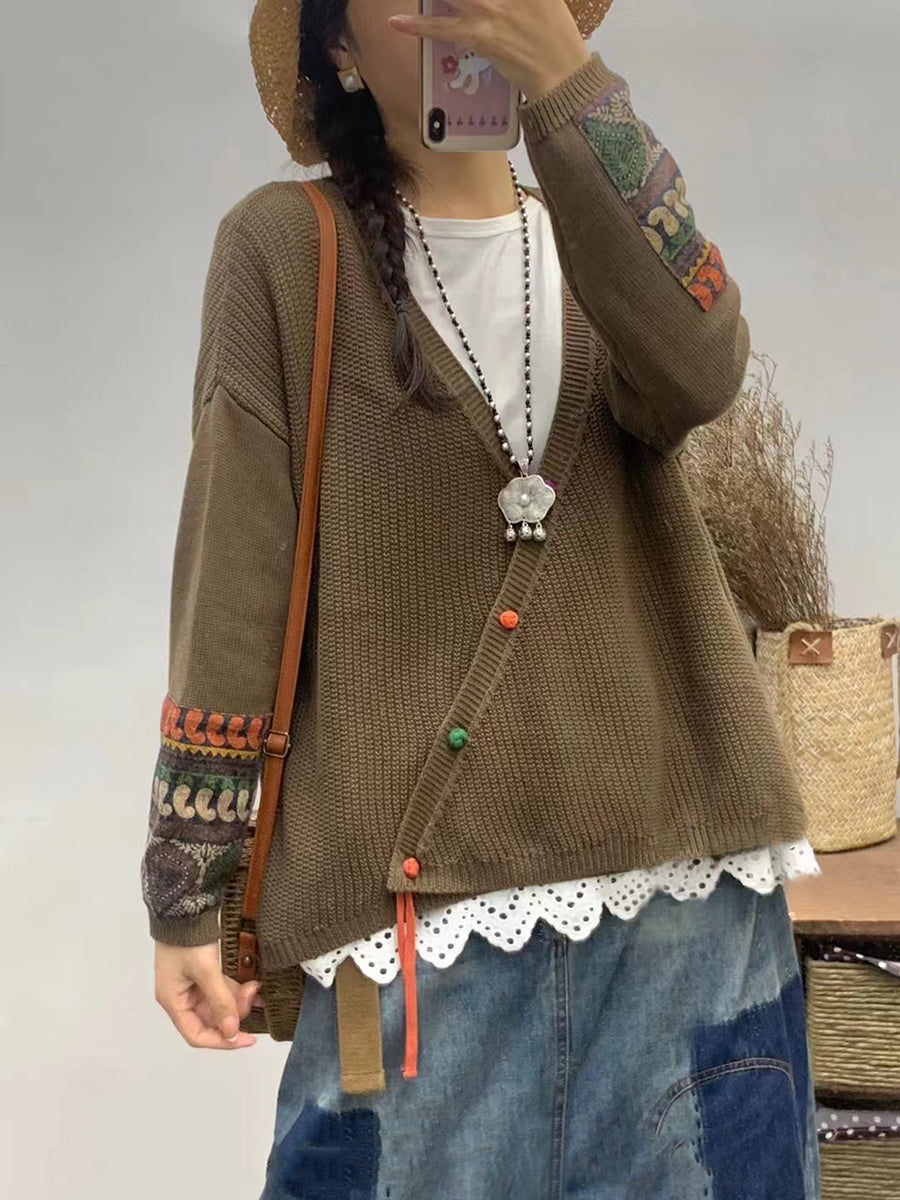 Women Autumn Vintage Patch V-Neck Knit Sweater AS1025