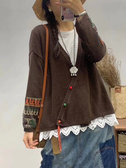 Women Autumn Vintage Patch V-Neck Knit Sweater AS1025