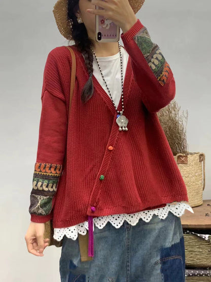 Women Autumn Vintage Patch V-Neck Knit Sweater AS1025