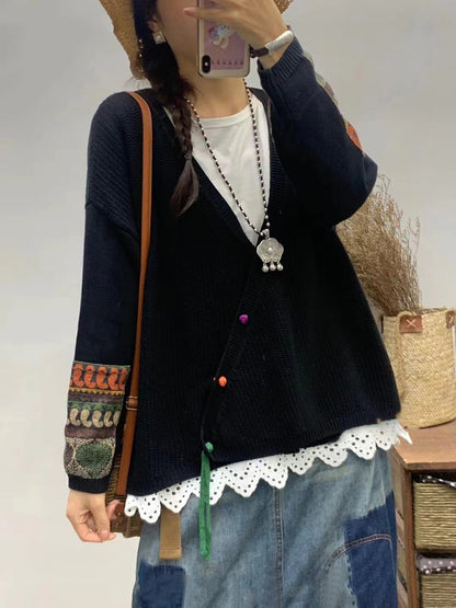 Women Autumn Vintage Patch V-Neck Knit Sweater AS1025