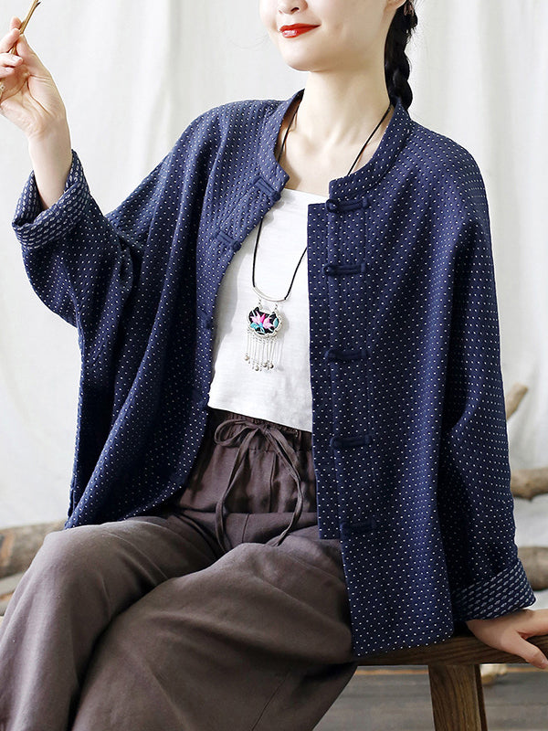 Women Autumn Vintage Dot Button Stand Collar Cotton Jacket AT1062