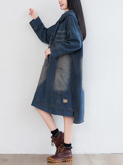 Women Vintage Washed Frayed Denim Hooded Dress AT1066