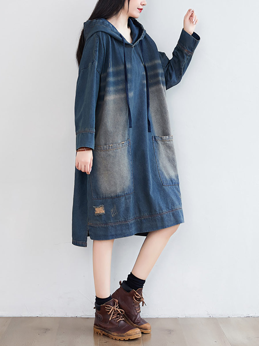 Women Vintage Washed Frayed Denim Hooded Dress AT1066