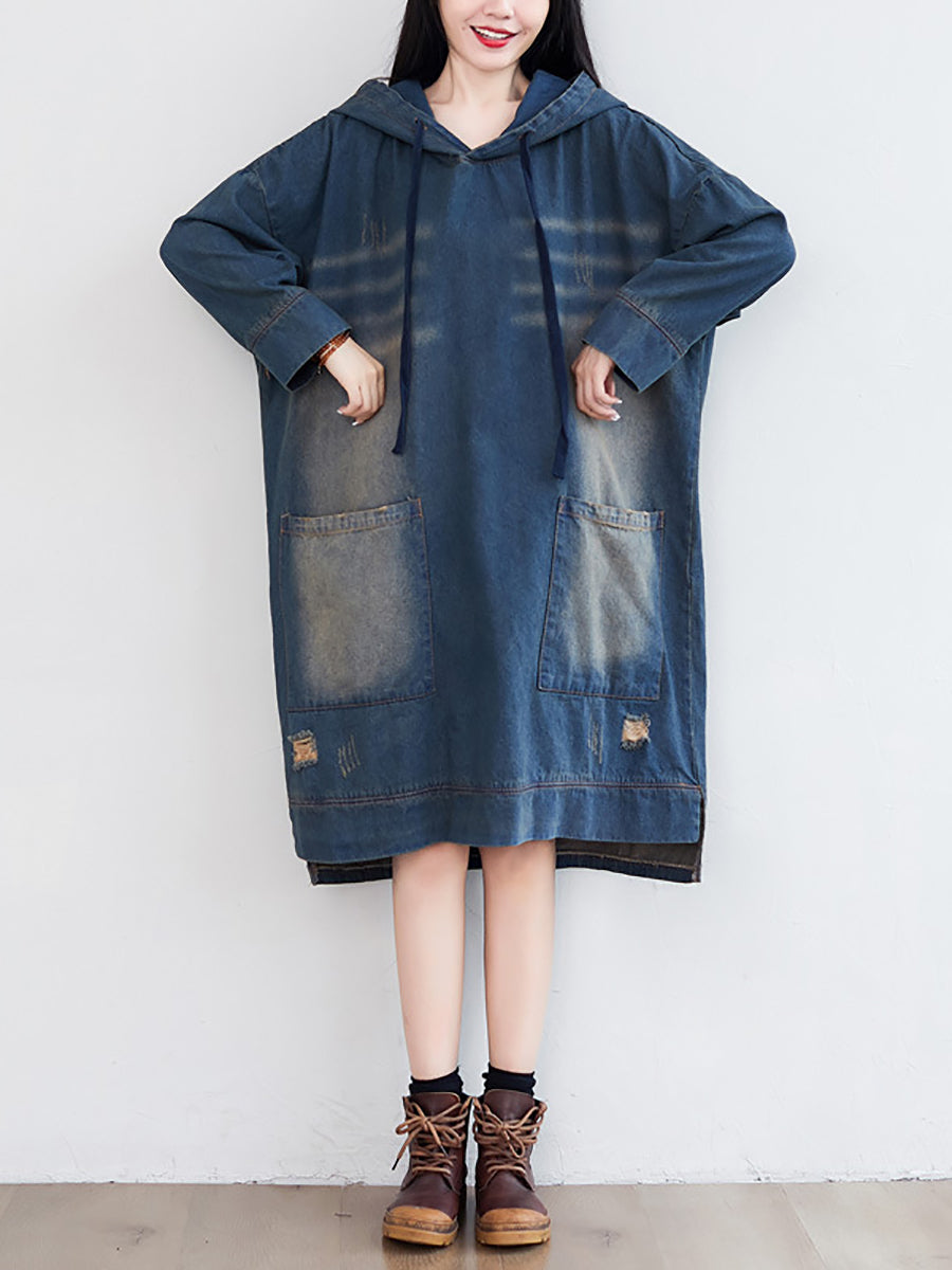 Women Vintage Washed Frayed Denim Hooded Dress AT1066