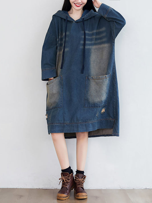 Women Vintage Washed Frayed Denim Hooded Dress AT1066