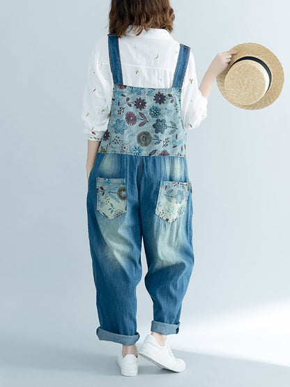 Women Artsy Flower Spliced Denim Frayed Jumpsuits AT1048