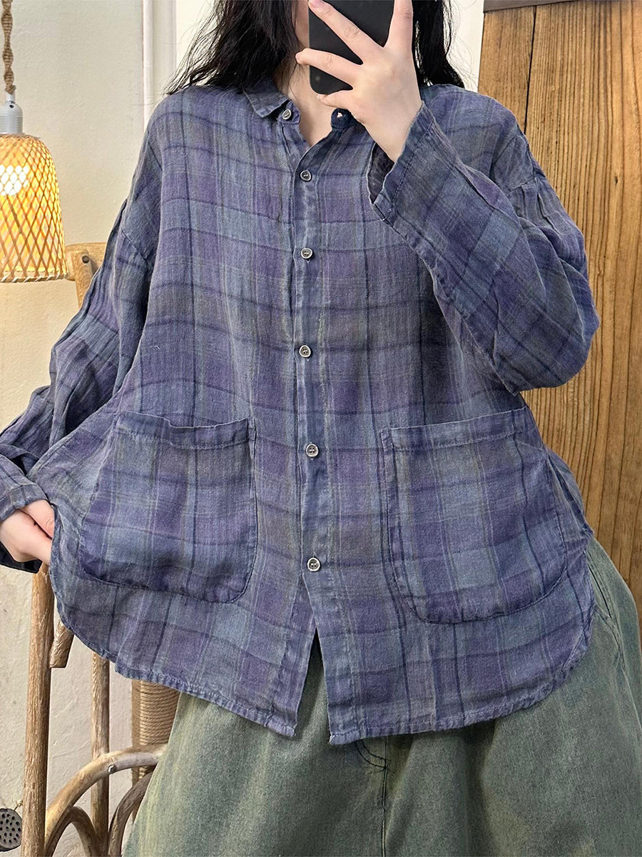 Women Autumn Vintage Plaid Turn-down Linen Blouse AT1052