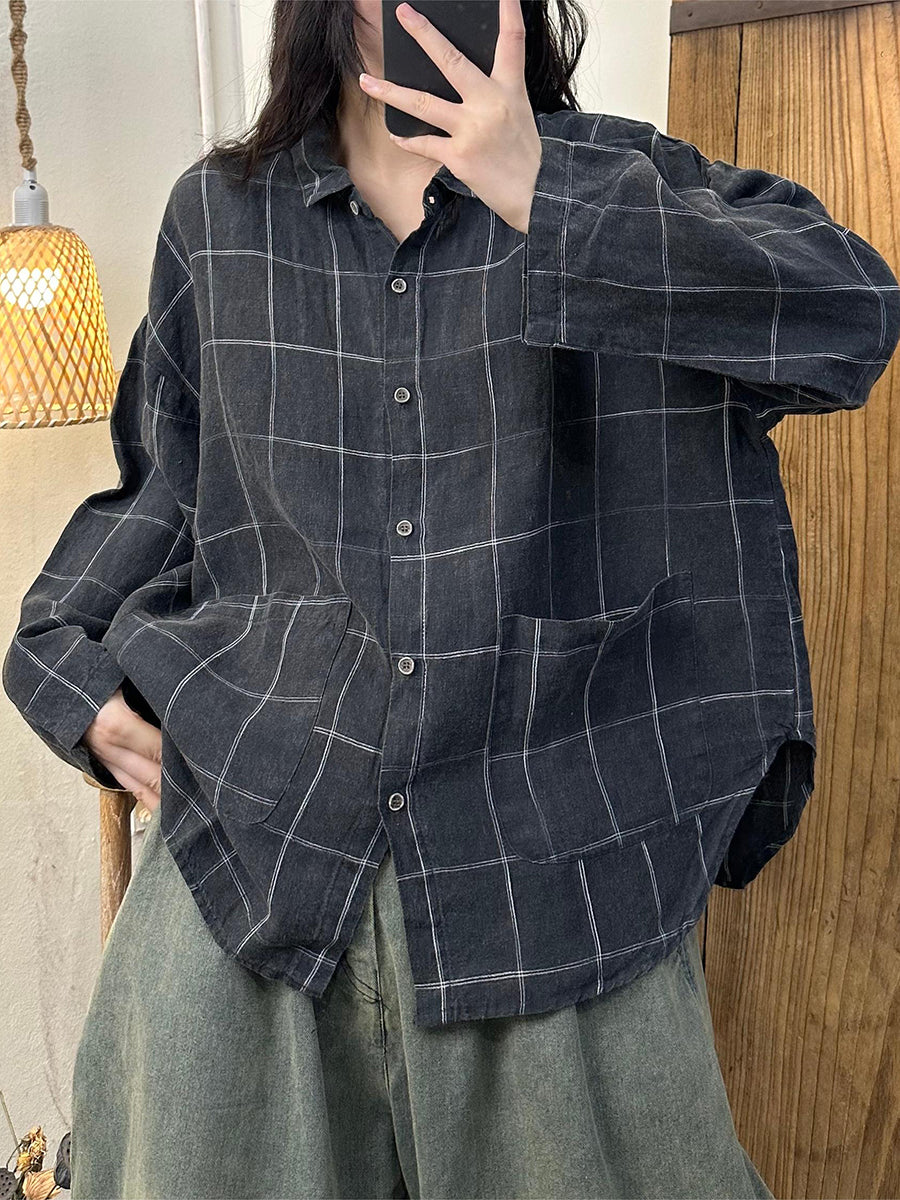 Women Autumn Vintage Plaid Turn-down Linen Blouse AT1052