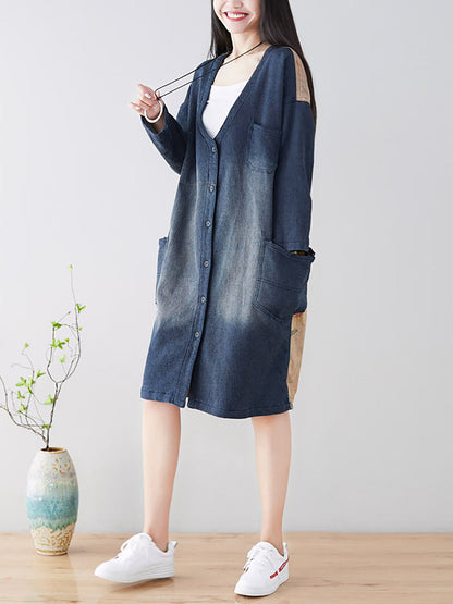 Women Spring Casual Back Spliced Pokcet Loose Coat AT1042