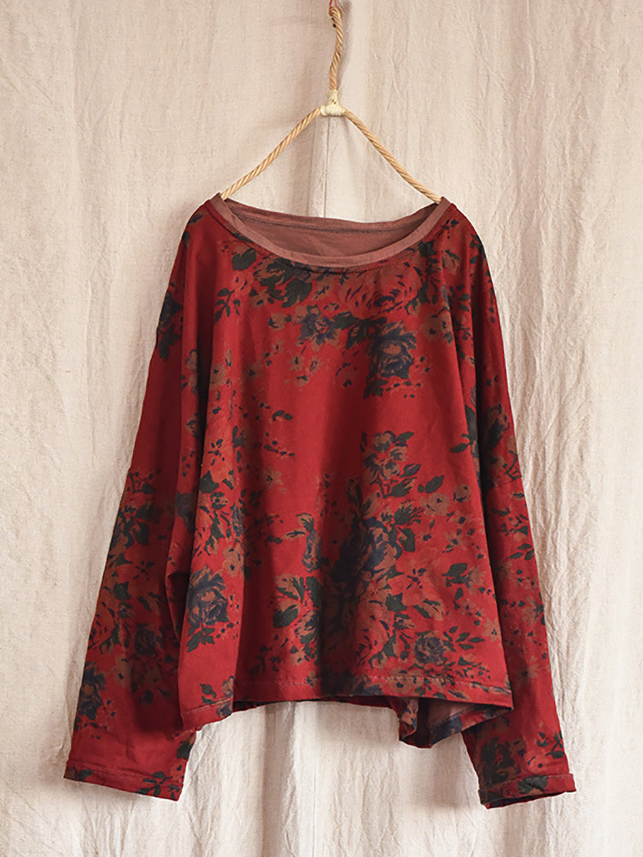 Women Vintage Flower O-Neck Loose Cotton Linen Blouse AS1009