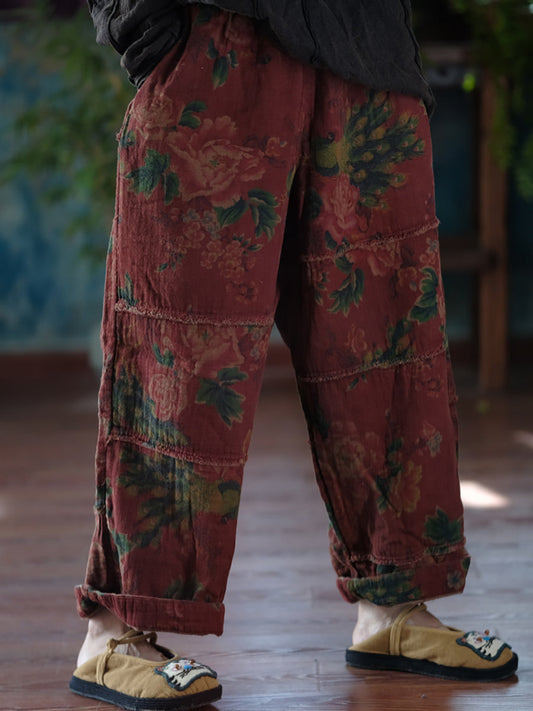 Women Autumn Retro Flower Spliced Cotton Wide-leg Pants AT1024