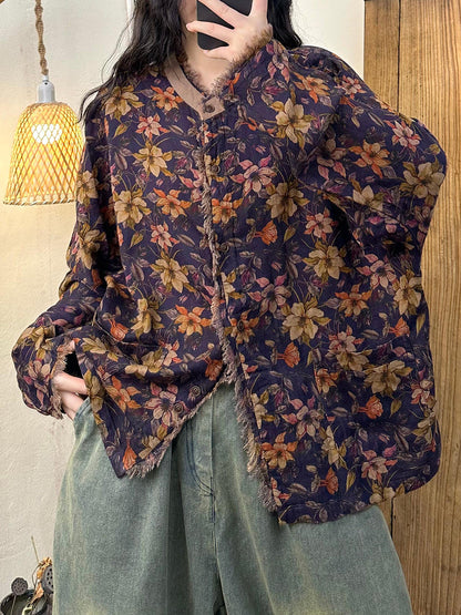 Chemise en coton épissé à bords bruts pour femme avec motif floral d'automne AT1023 