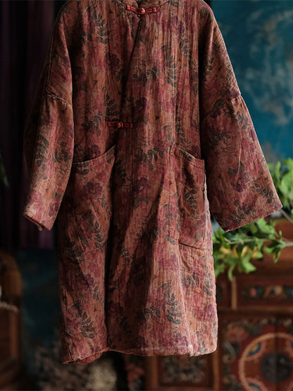 Women Autumn Ethnic Flower 100%Cotton Long Coat AT1006