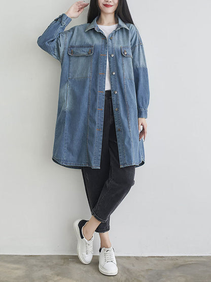 Women Autumn Casual Solid Pocket Denim Shirt Coat AS1001