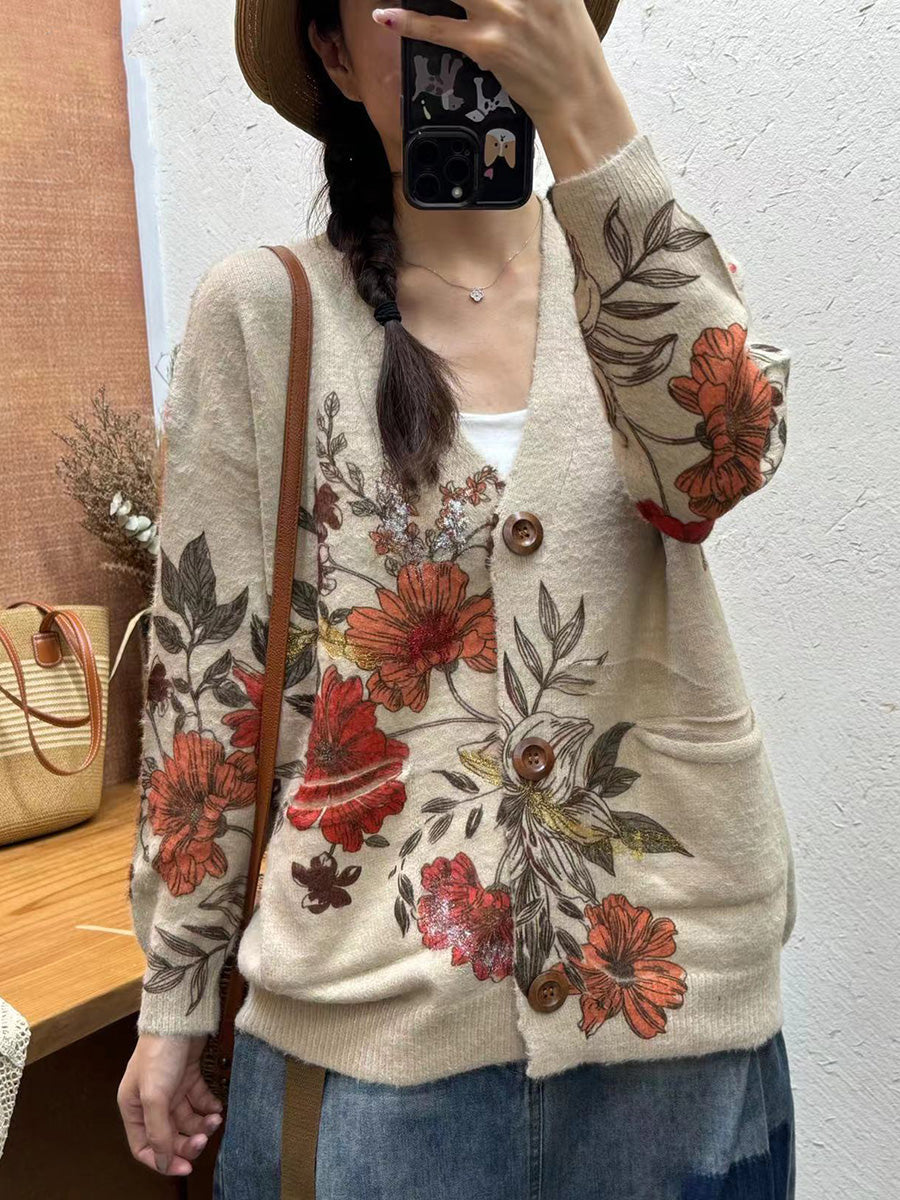 Women Autumn Flower Spliced V-Neck Knit Cardigan Sweater AI1055