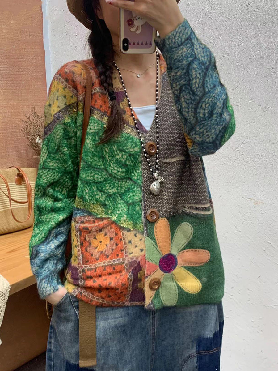 Women Autumn Flower Spliced V-Neck Knit Cardigan Sweater AI1055