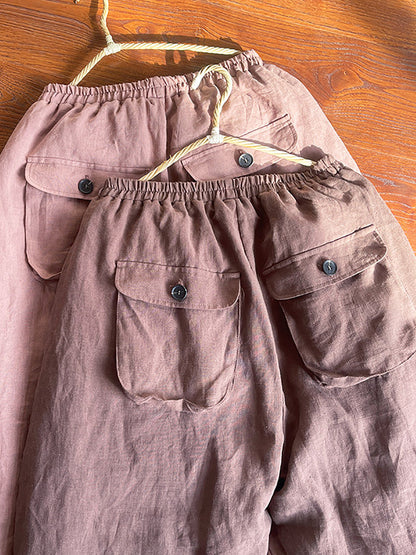 Women Winter Rero Solid Linen Pocket Harem Pants AT1096