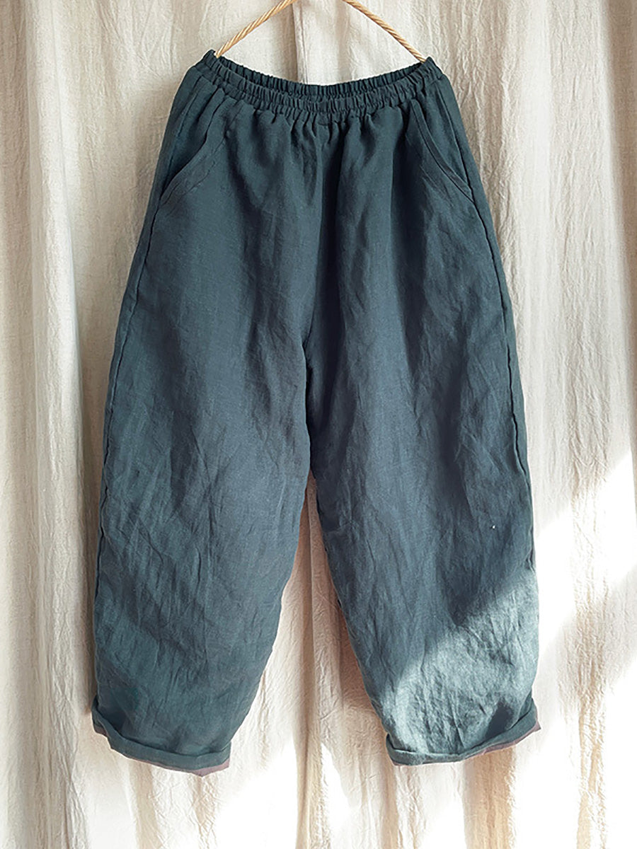 Women Winter Rero Solid Linen Pocket Harem Pants AT1096