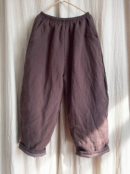 Women Winter Rero Solid Linen Pocket Harem Pants AT1096