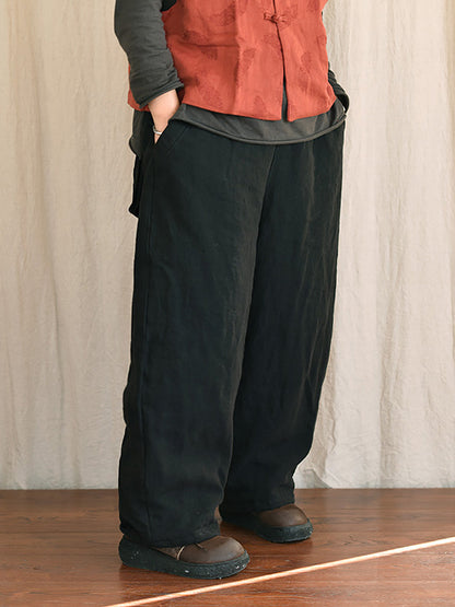 Women Winter Rero Solid Linen Pocket Harem Pants AT1096