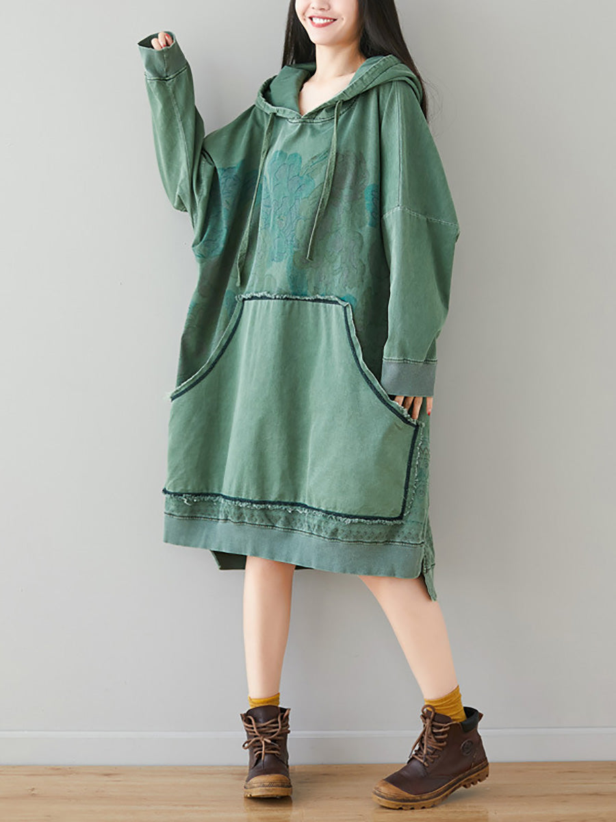 Robe à capuche à ourlet colorblock et à fleurs rétro pour femme AI1049 