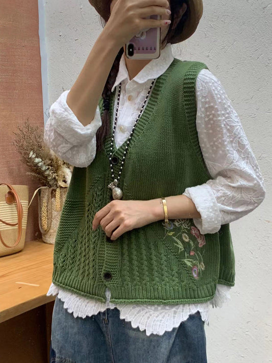 Gilet en tricot à col en V avec broderie florale artistique pour femme AI1073 