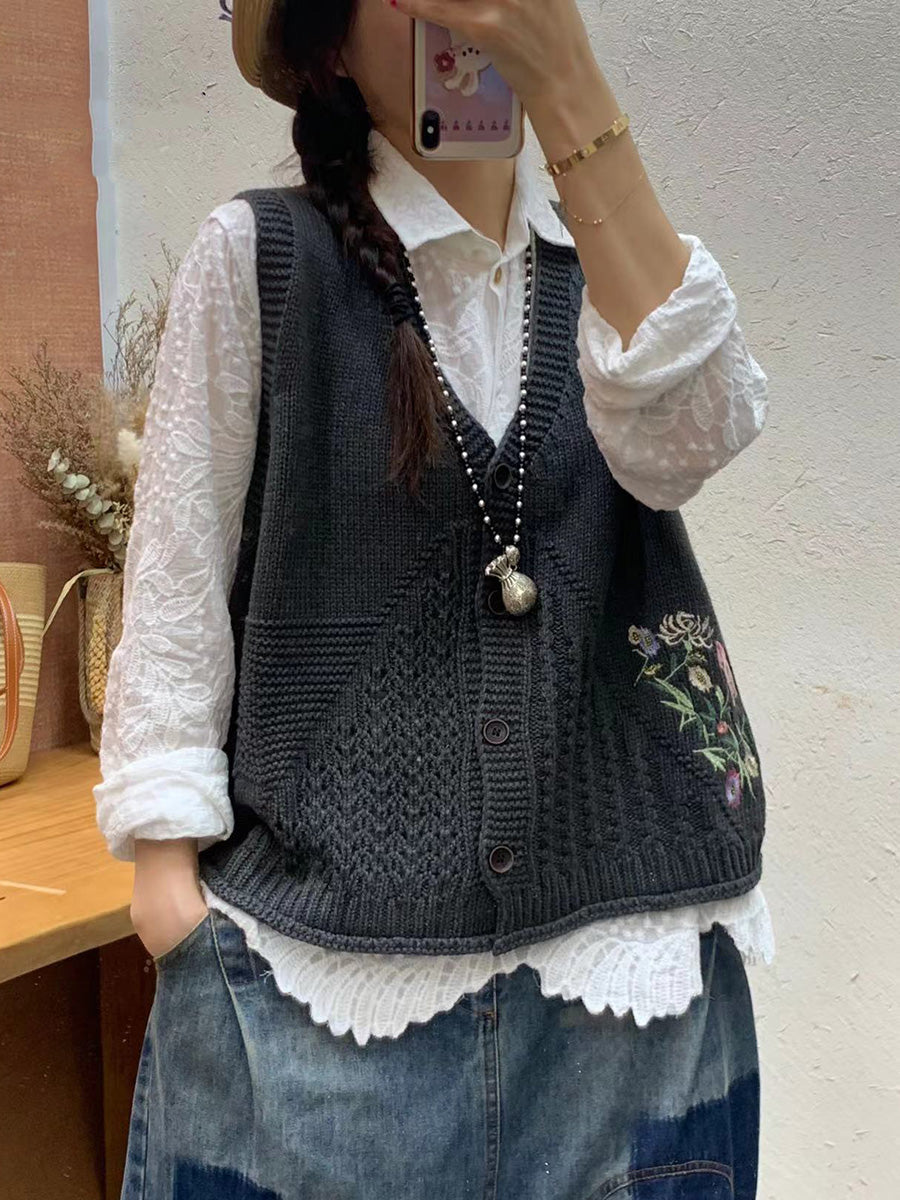 Gilet en tricot à col en V avec broderie florale artistique pour femme AI1073 