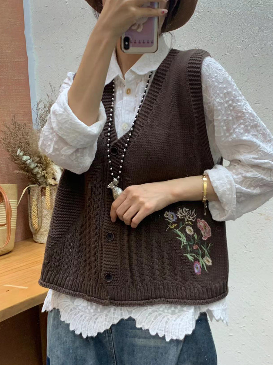 Gilet en tricot à col en V avec broderie florale artistique pour femme AI1073 