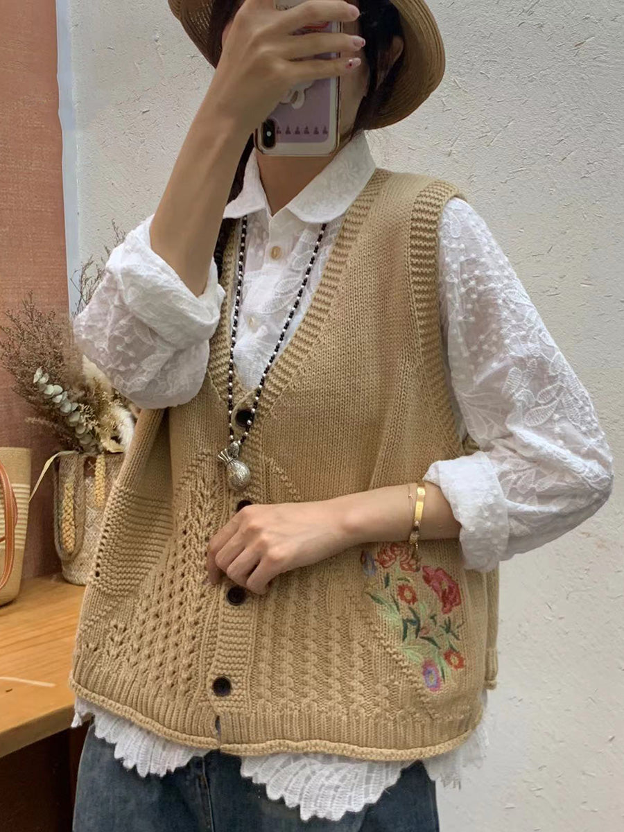 Gilet en tricot à col en V avec broderie florale artistique pour femme AI1073 