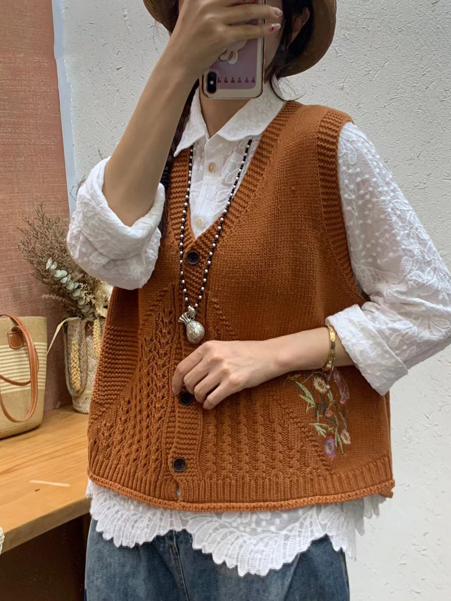 Gilet en tricot à col en V avec broderie florale artistique pour femme AI1073 