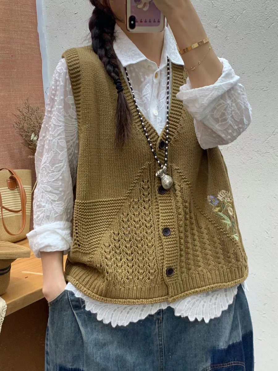 Gilet en tricot à col en V avec broderie florale artistique pour femme AI1073 