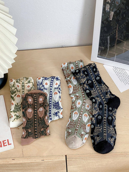 5 Paar Damensocken aus Baumwolle mit künstlerischem Blumenmuster, Jacquard-Muster, AI1084