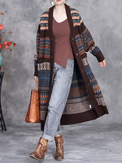 Women Vintage Autumn Stripe Button Wool Cardigan Coat AI1003