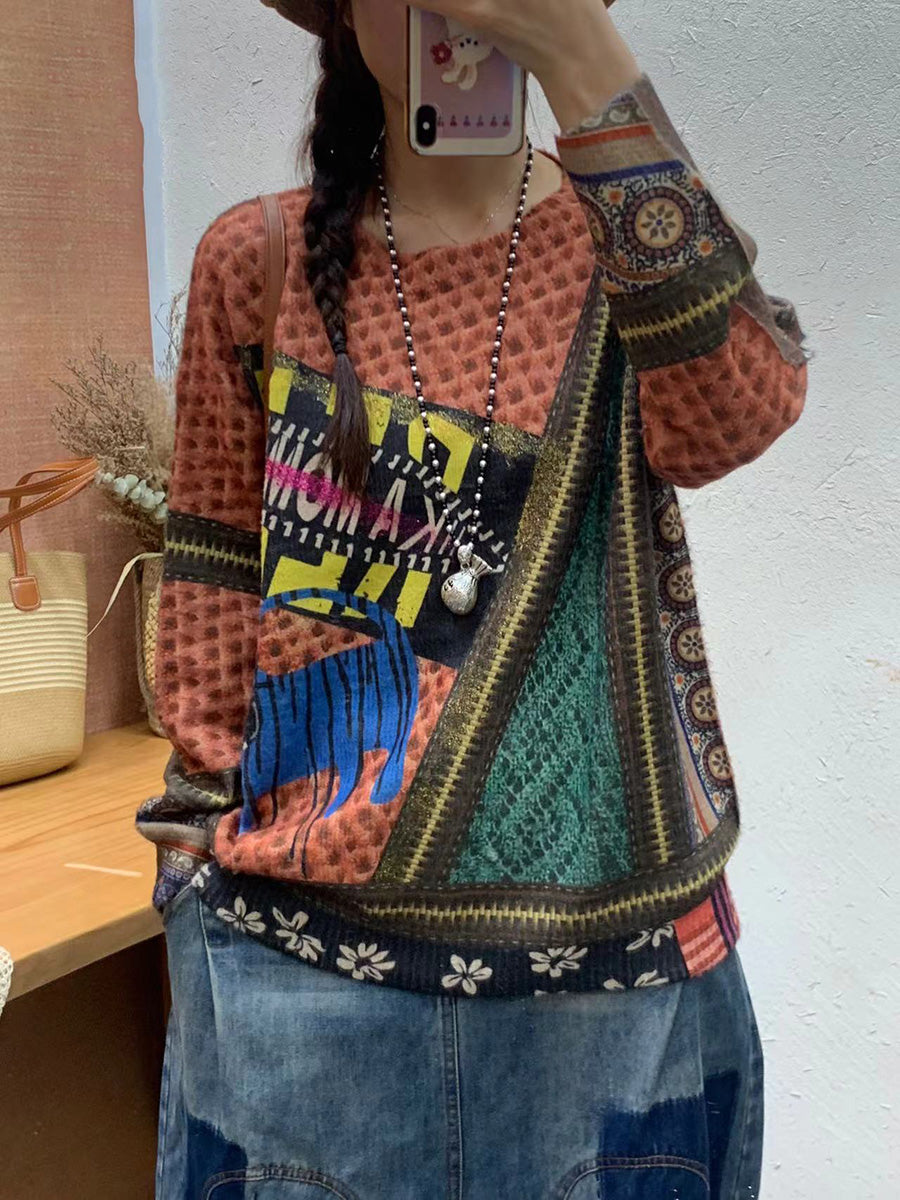 Women Autumn Print O-Neck Knit Sweater AT1083