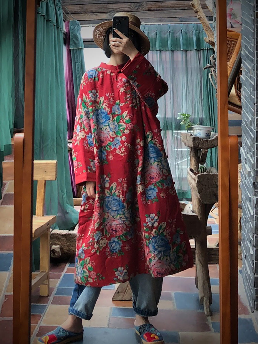 Women Ethnic Red Flower Slant Closure Cotton Padded Coat AI1014