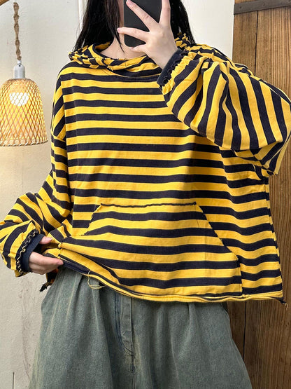 Women Autumn Casual Stripe Cotton Half Turtleneck Sweatshirt AI1065